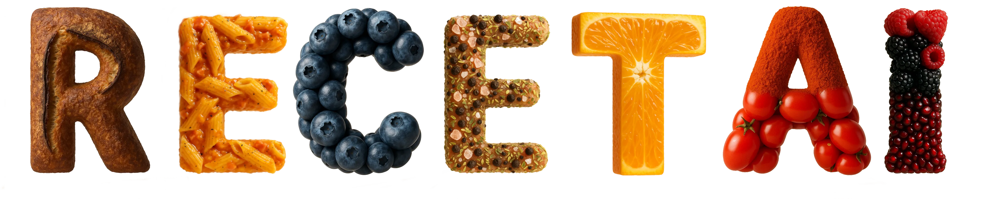 Logo de RecetAI: letras formadas con alimentos